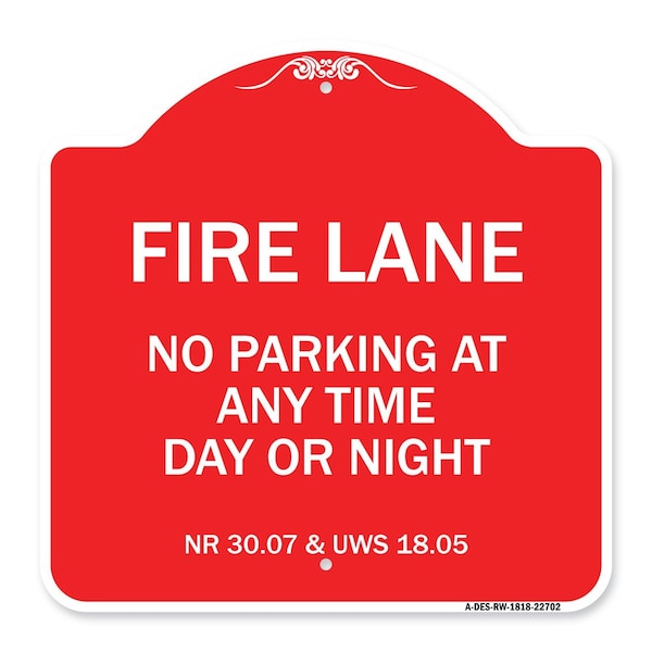 Wisconsin Fire Lane No Parking Anytime Day or Night, Red & White Alum Sign, 18" x 18", RW-1818-22702